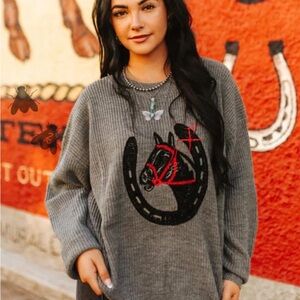 2 Fly Co. Vintage Luck Gray Horse Graphic Sweater